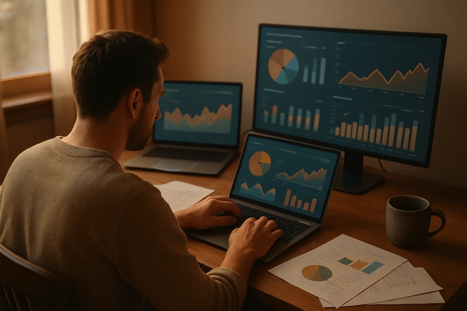 Cena de home office com dashboards financeiros; saque aniversário fgts retratado, xícara de café, papéis na mesa.